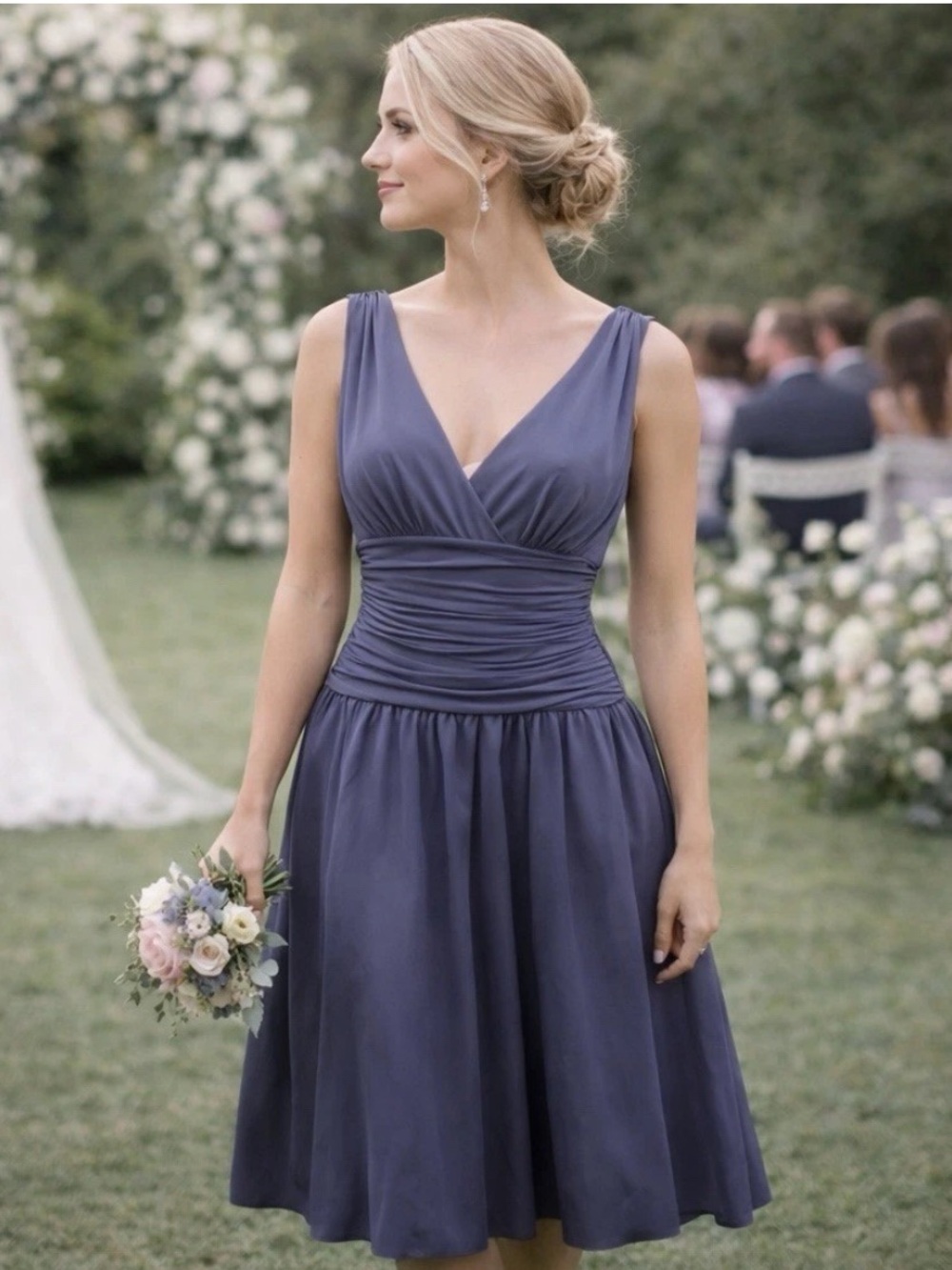 Lavender Bridesmaid Dress Size 6 Ruched V Neck Tea Length Formal